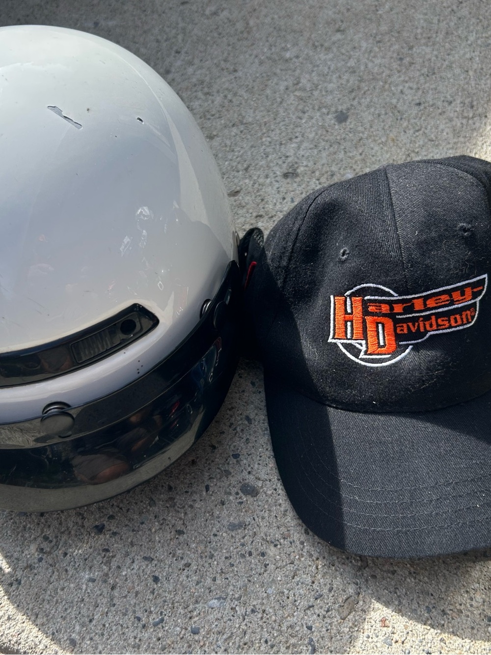 Harley-Davidson Black Cap with Orange and White HD Logo and White Half Helmet